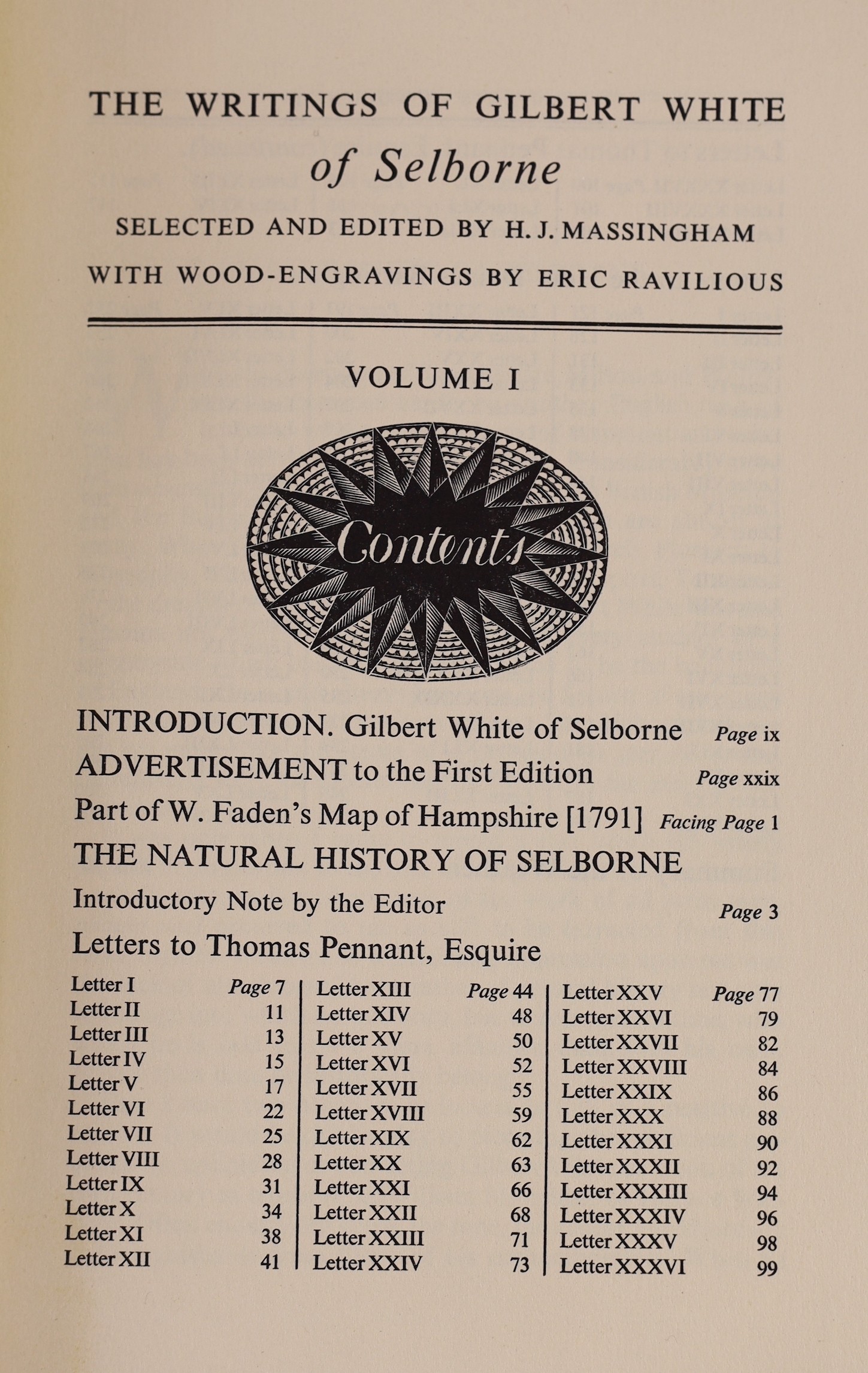 White, Gilbert - The Writings of Gilbert White of Selborne Selected and edited by H.J Massingham, 2 vols, on of 850, 8vo, buckram, with wood-engravings by Eric Ravilious, The Nonesuch Press, London, 1938, together with 2